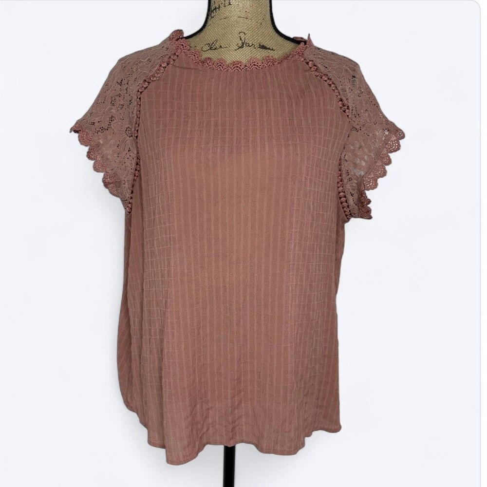 Perch Blu Pepper Lace Cap Sleeve Top Blouse 1XL Pink Feminineโ Romantic Office